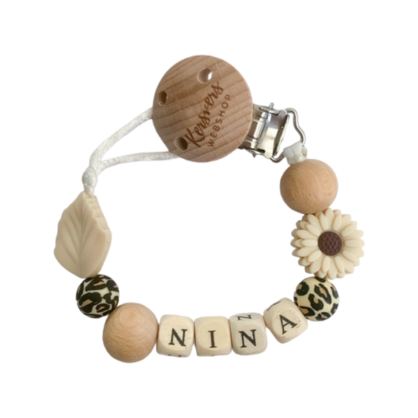Speenkoord panter en beige daisy bloem