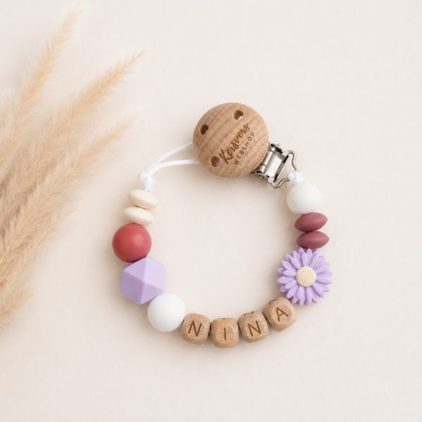 Speenkoord lila daisy bloem & roodroze