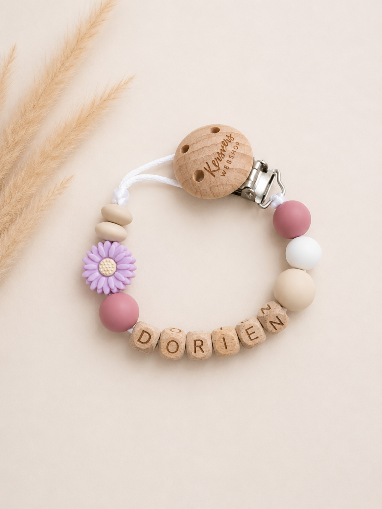 Speenkoord lila daisybloem & roze